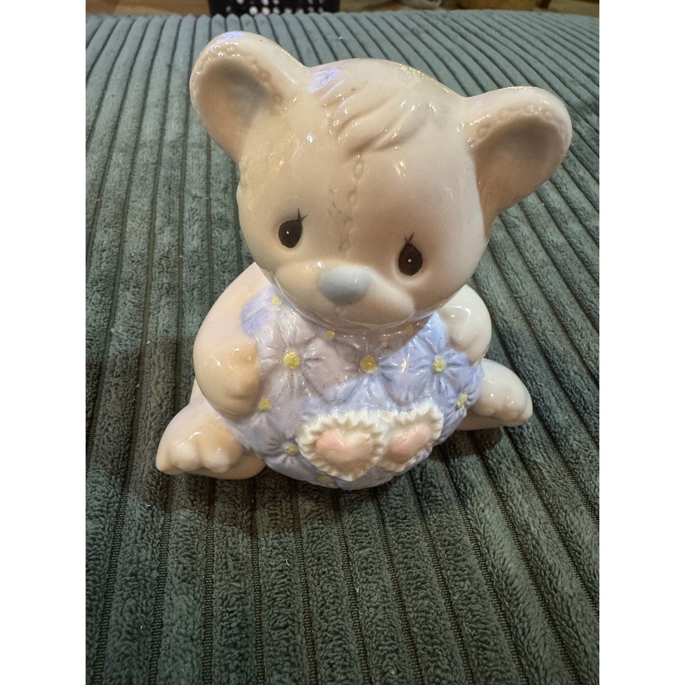 Precious Moments Teddy‎ Bear Ceramic Piggy Bank Blue Dress Hearts Coin Holder